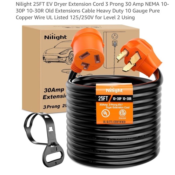 25 FT EV Dryer Extension Cord 3 Prong 30 Amp NEMA 10-30P to 10-30R - Picture 1 of 12
